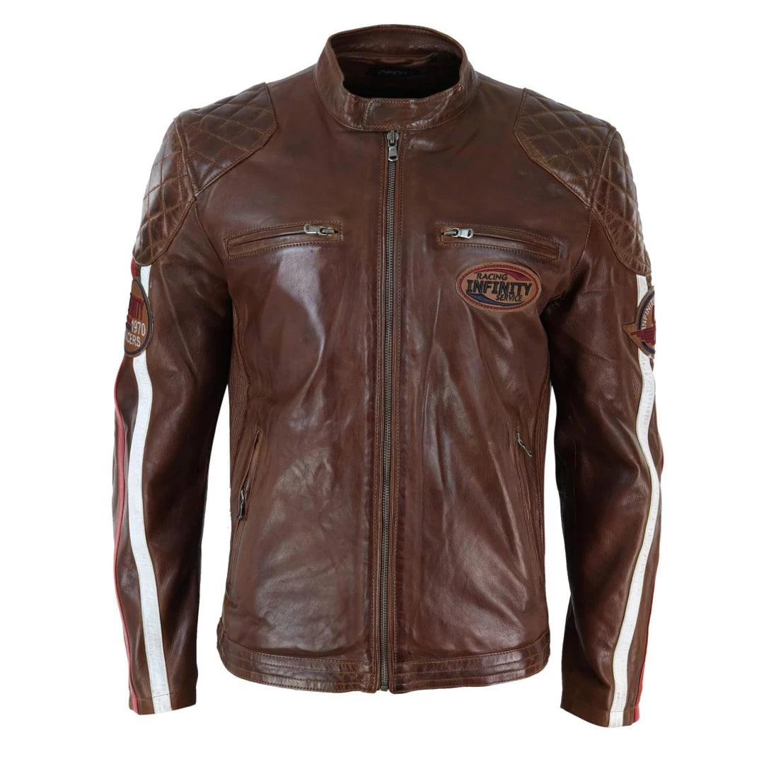 Mens Black Navy Brown Real Leather Racing Jacket Stripe Sleeves Moto Biker - Knighthood Store