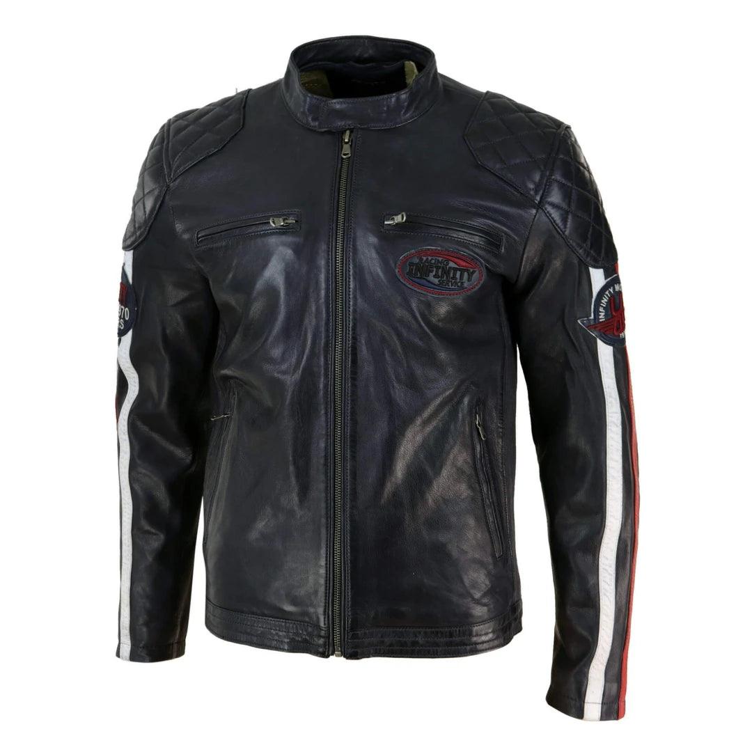 Mens Black Navy Brown Real Leather Racing Jacket Stripe Sleeves Moto Biker - Knighthood Store