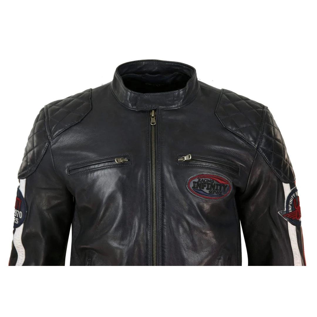 Mens Black Navy Brown Real Leather Racing Jacket Stripe Sleeves Moto Biker - Knighthood Store