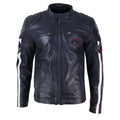 Mens Black Navy Brown Real Leather Racing Jacket Stripe Sleeves Moto Biker - Knighthood Store