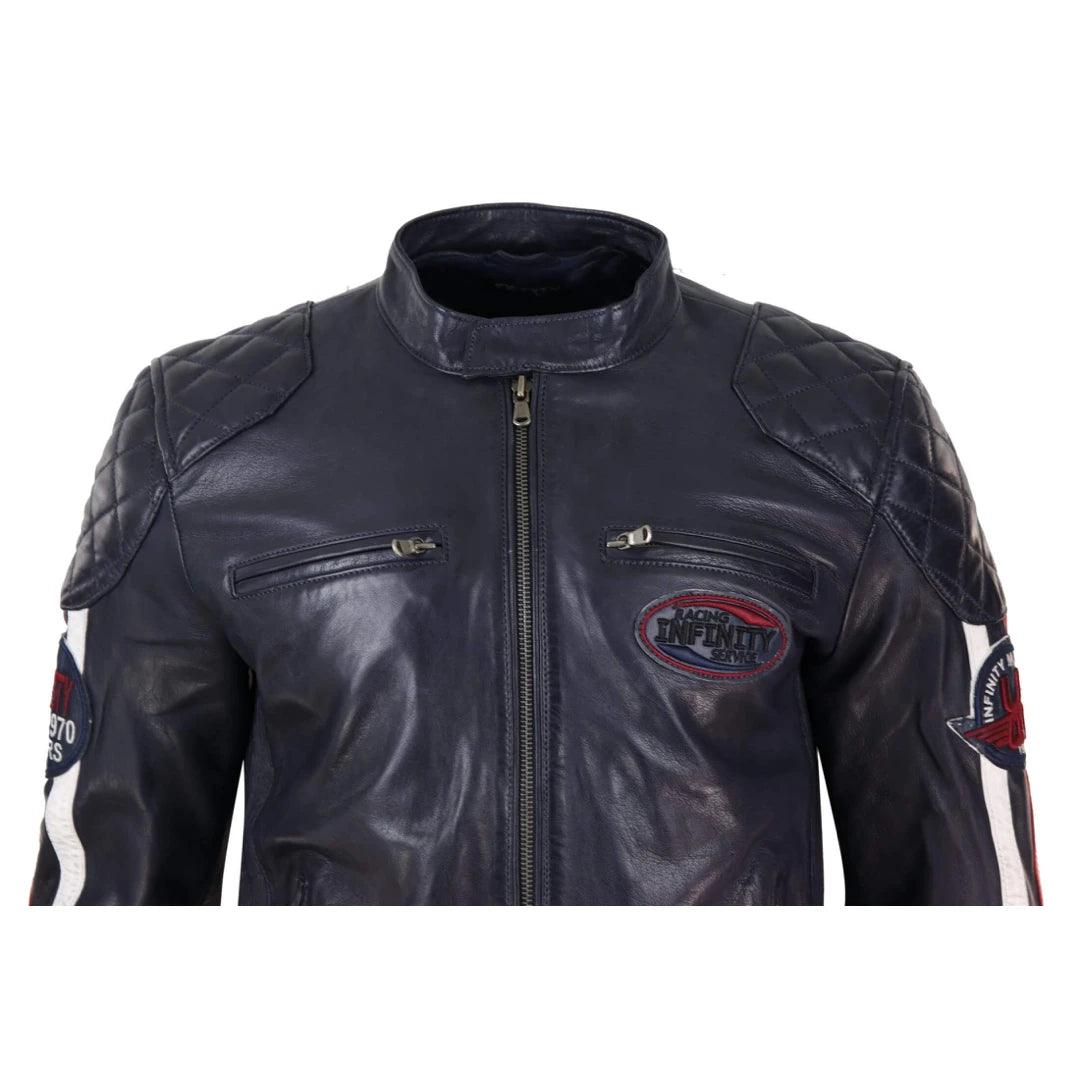 Mens Black Navy Brown Real Leather Racing Jacket Stripe Sleeves Moto Biker - Knighthood Store