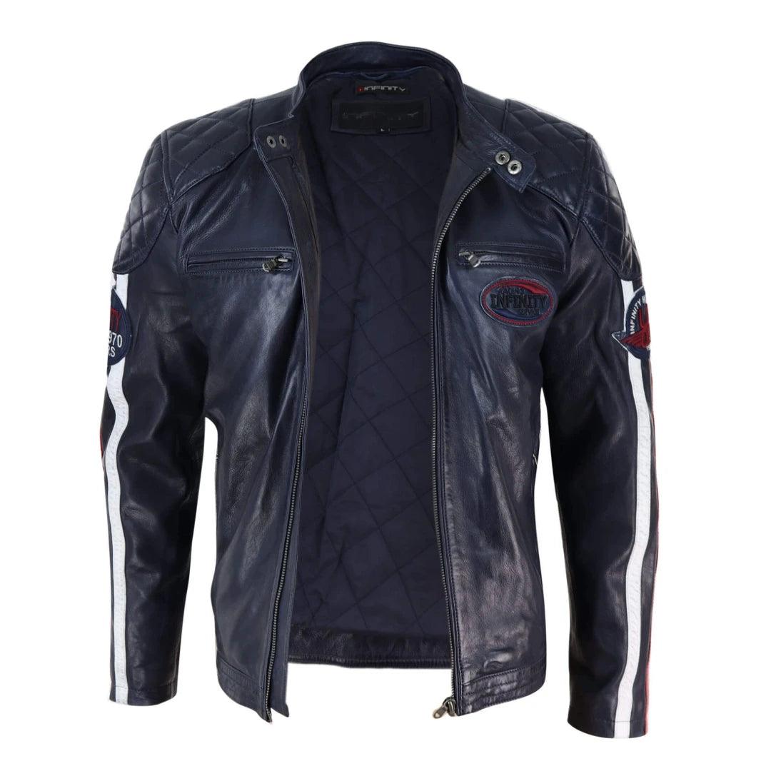 Mens Black Navy Brown Real Leather Racing Jacket Stripe Sleeves Moto Biker - Knighthood Store