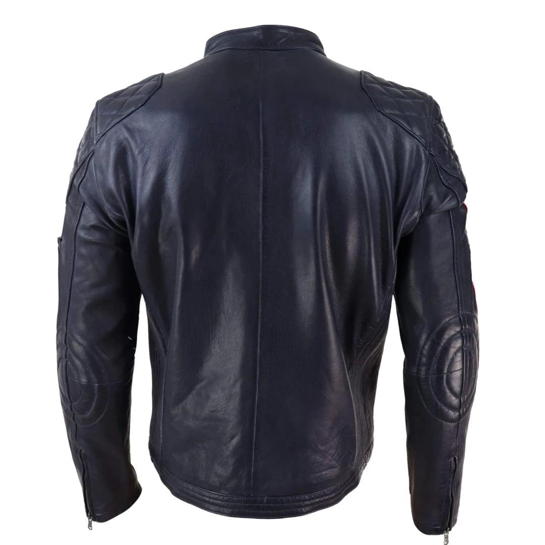 Mens Black Navy Brown Real Leather Racing Jacket Stripe Sleeves Moto Biker - Knighthood Store