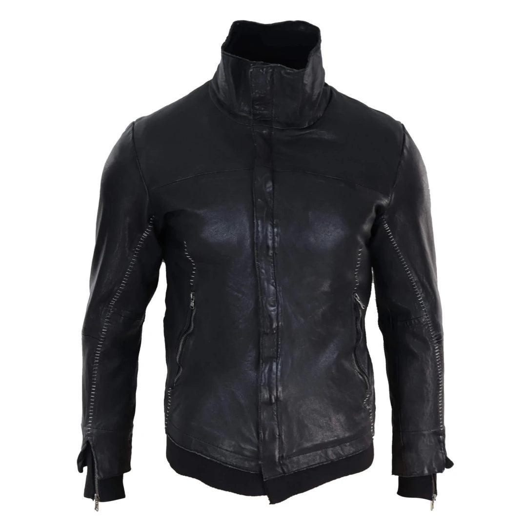 Mens Black Vintage Bomber Jacket Real Leather Distressed Slim Fit Stitch Retro - Knighthood Store