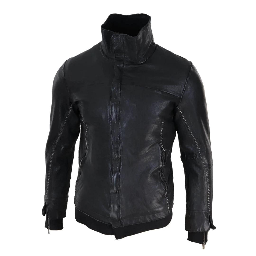 Mens Black Vintage Bomber Jacket Real Leather Distressed Slim Fit Stitch Retro - Knighthood Store