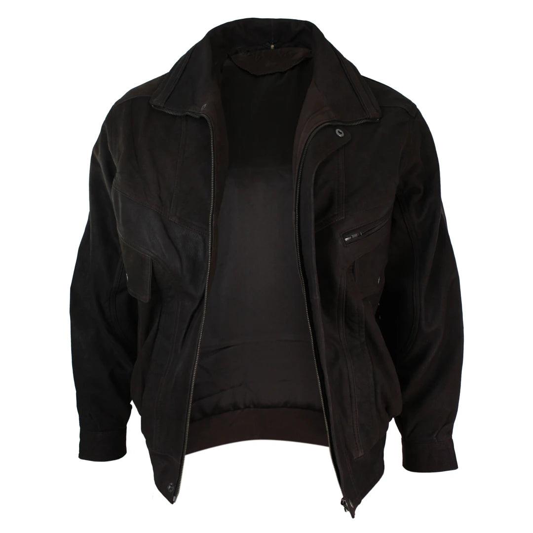 Mens Classic Bomber Black Nubuck Washed Brown Real Leather Jacket - Knighthood Store