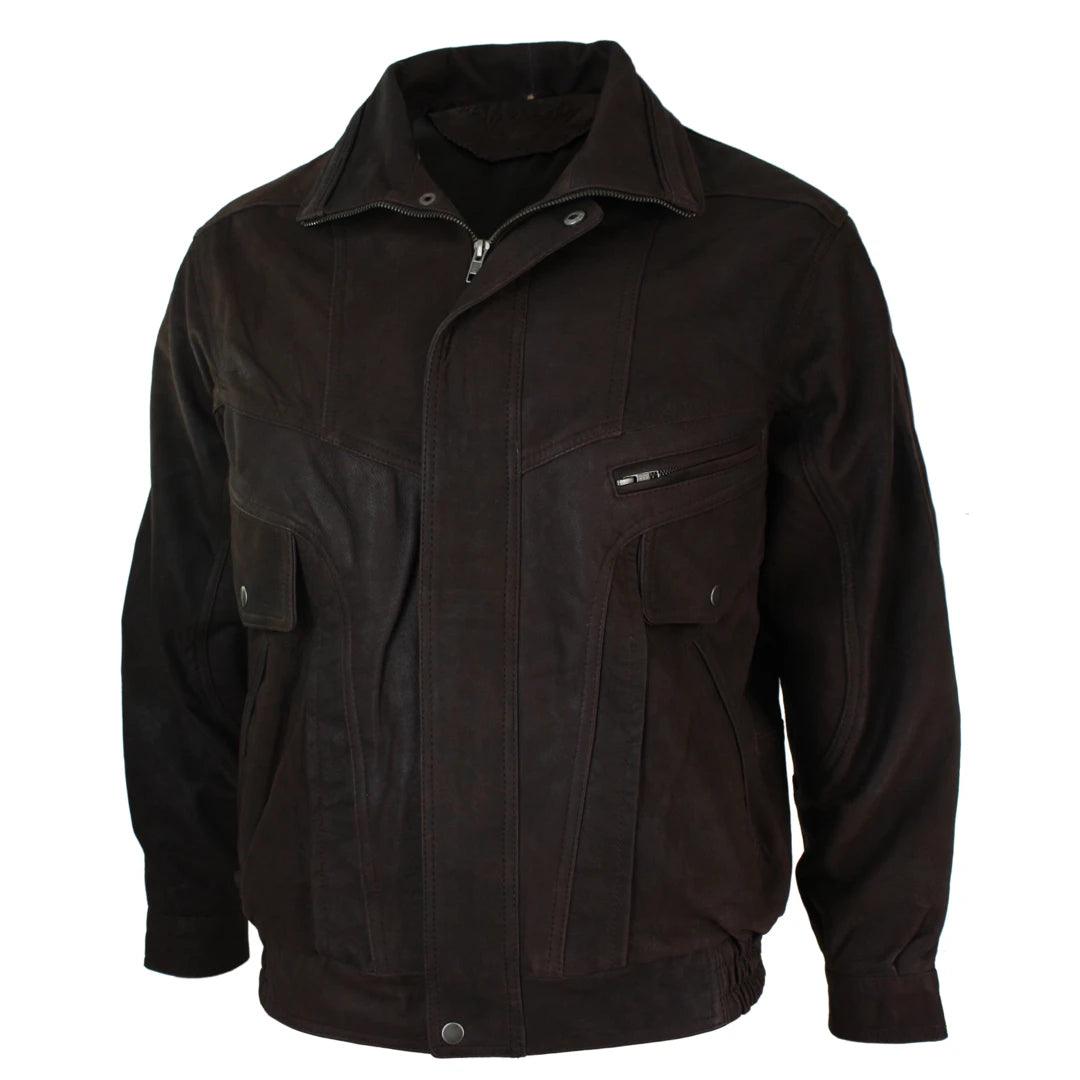 Mens Classic Bomber Black Nubuck Washed Brown Real Leather Jacket - Knighthood Store