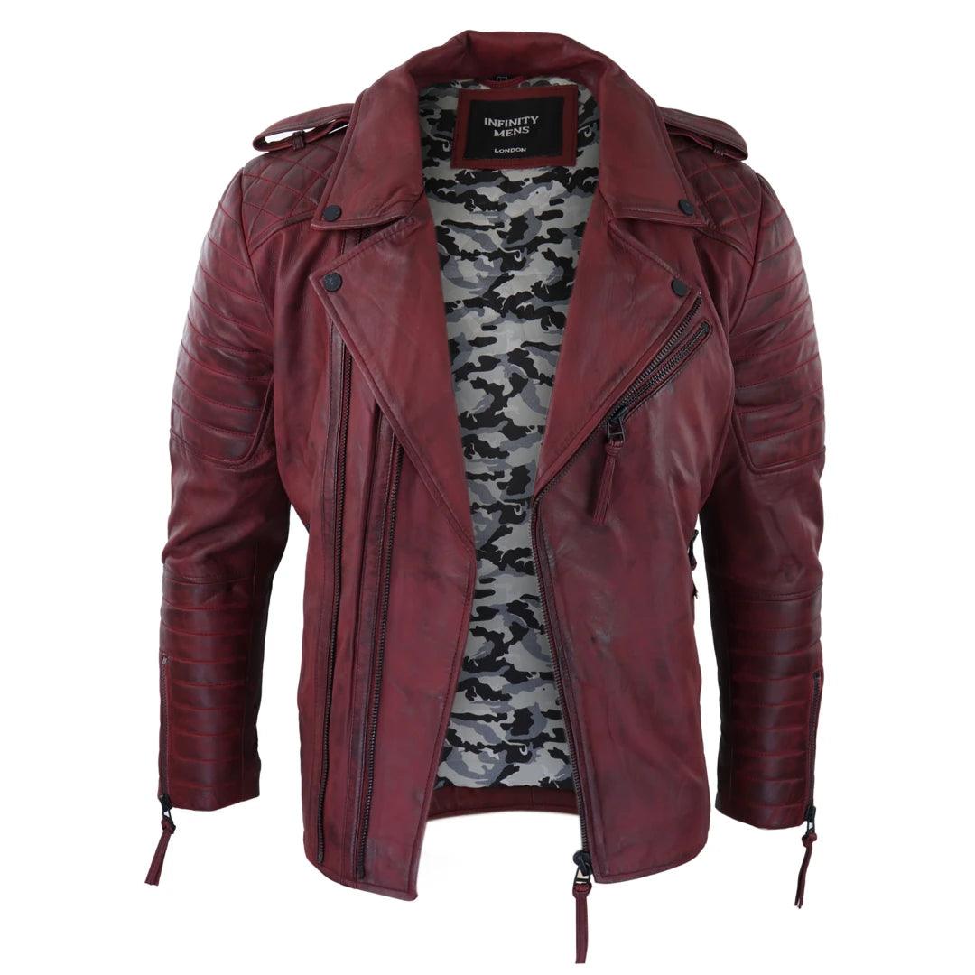 Mens Biker Jacket Cross Zip Black Wine Retro Vintage Tailored Fit Rock Punk - Knighthood Store