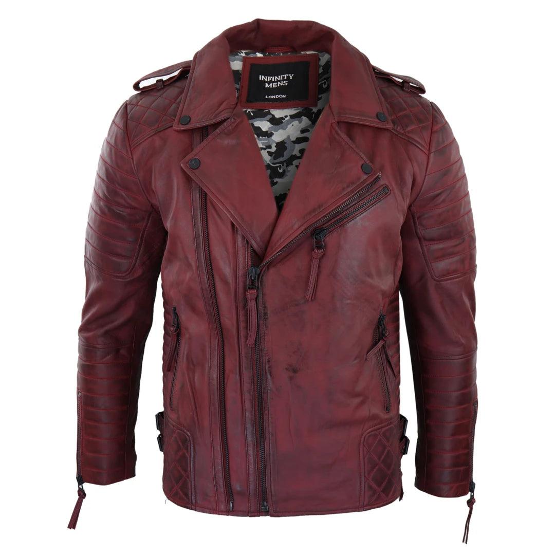 Mens Biker Jacket Cross Zip Black Wine Retro Vintage Tailored Fit Rock Punk - Knighthood Store