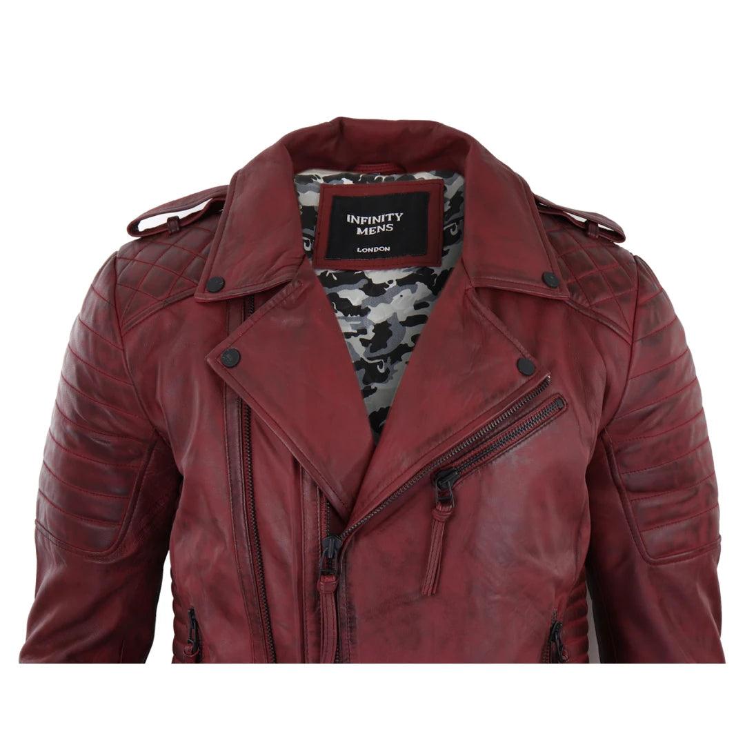 Mens Biker Jacket Cross Zip Black Wine Retro Vintage Tailored Fit Rock Punk - Knighthood Store