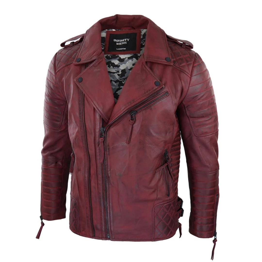 Mens Biker Jacket Cross Zip Black Wine Retro Vintage Tailored Fit Rock Punk - Knighthood Store