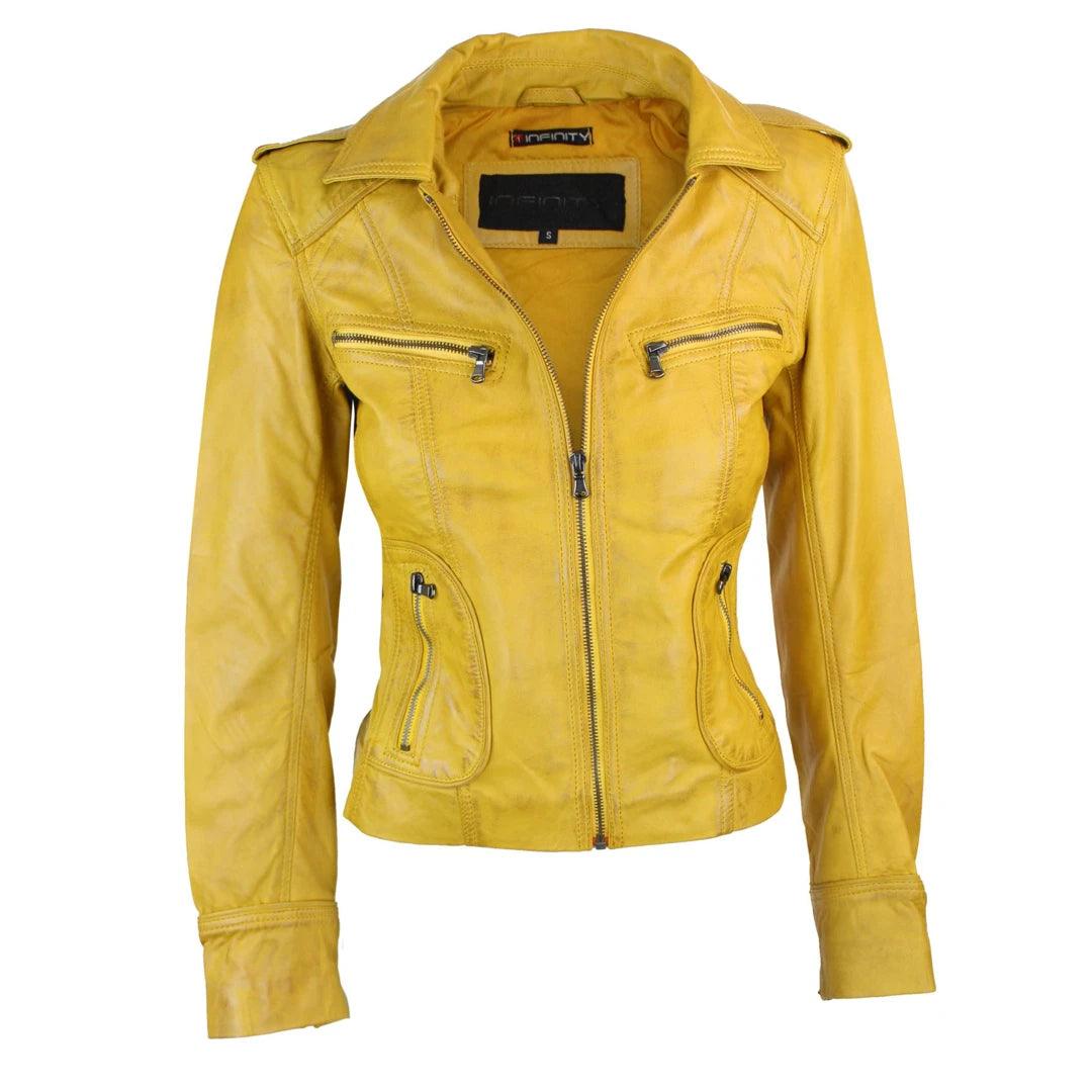 Ladies Real Leather Yellow Biker Style Fashion Jacket Size UK 6-18 - Knighthood Store