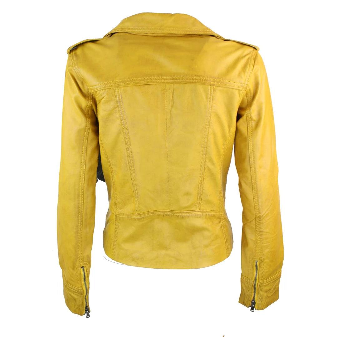 Ladies Real Leather Yellow Biker Style Fashion Jacket Size UK 6-18 - Knighthood Store