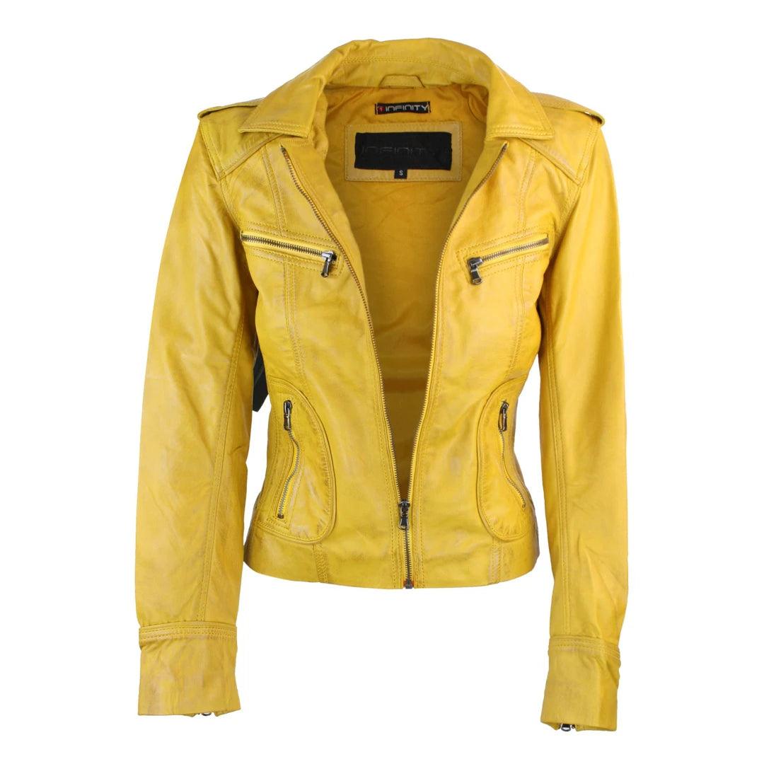 Ladies Real Leather Yellow Biker Style Fashion Jacket Size UK 6-18 - Knighthood Store