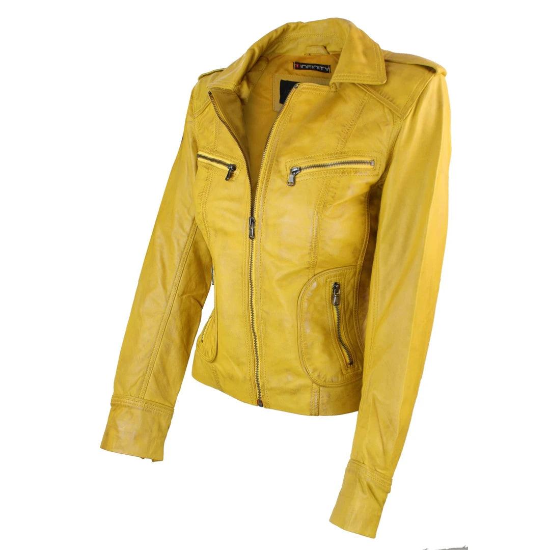 Ladies Real Leather Yellow Biker Style Fashion Jacket Size UK 6-18 - Knighthood Store