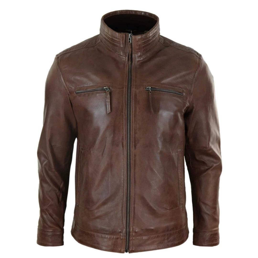 Mens Real Leather Jacket Zipped Biker Style High Collar Smart Casual - Knighthood Store