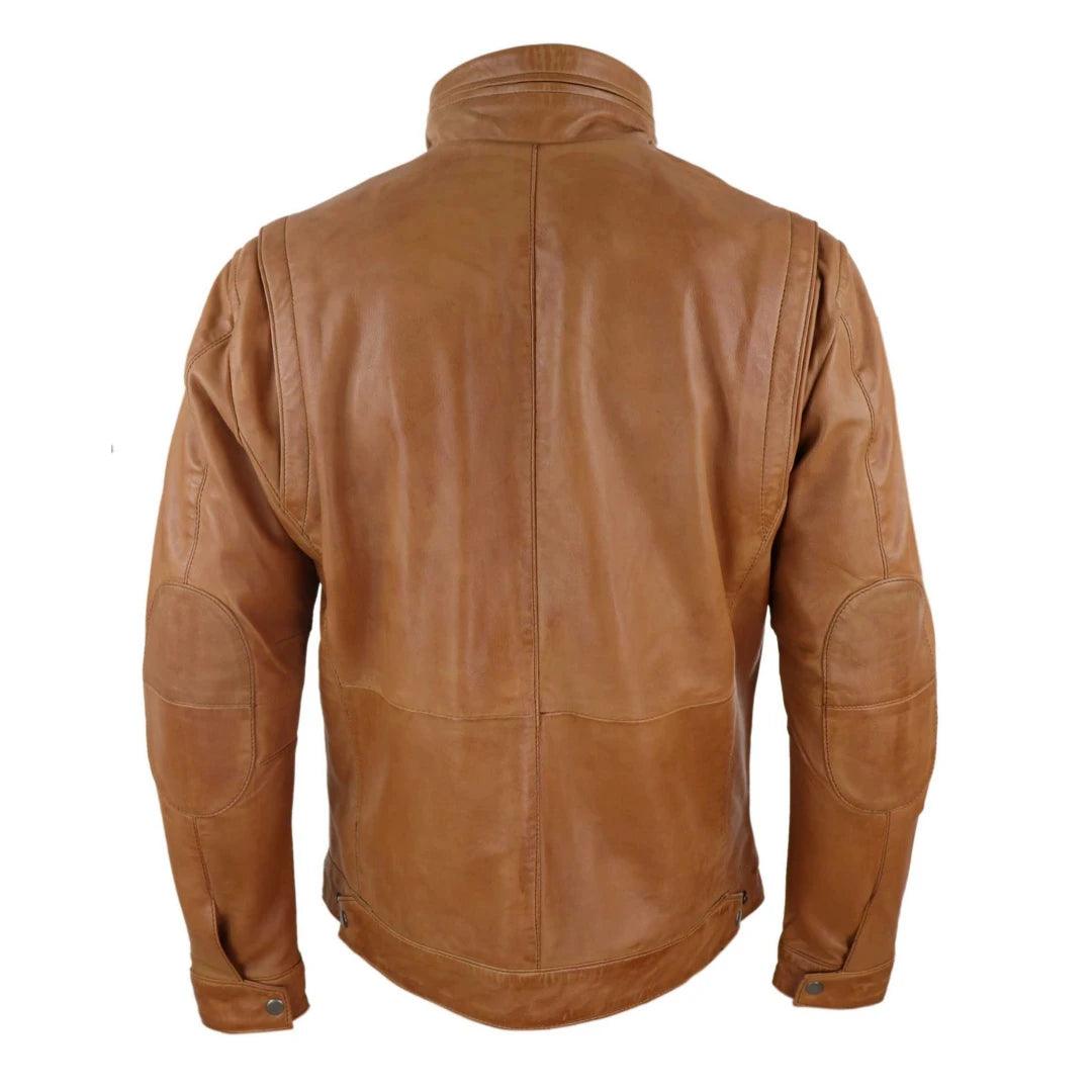 Mens Real Leather Jacket Zipped Biker Style High Collar Smart Casual - Knighthood Store