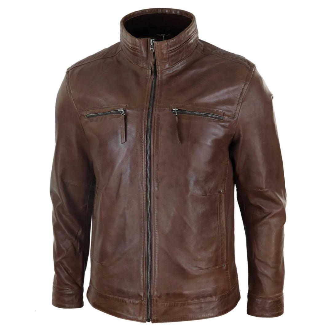 Mens Real Leather Jacket Zipped Biker Style High Collar Smart Casual - Knighthood Store