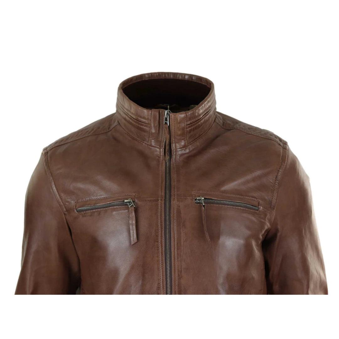 Mens Real Leather Jacket Zipped Biker Style High Collar Smart Casual - Knighthood Store