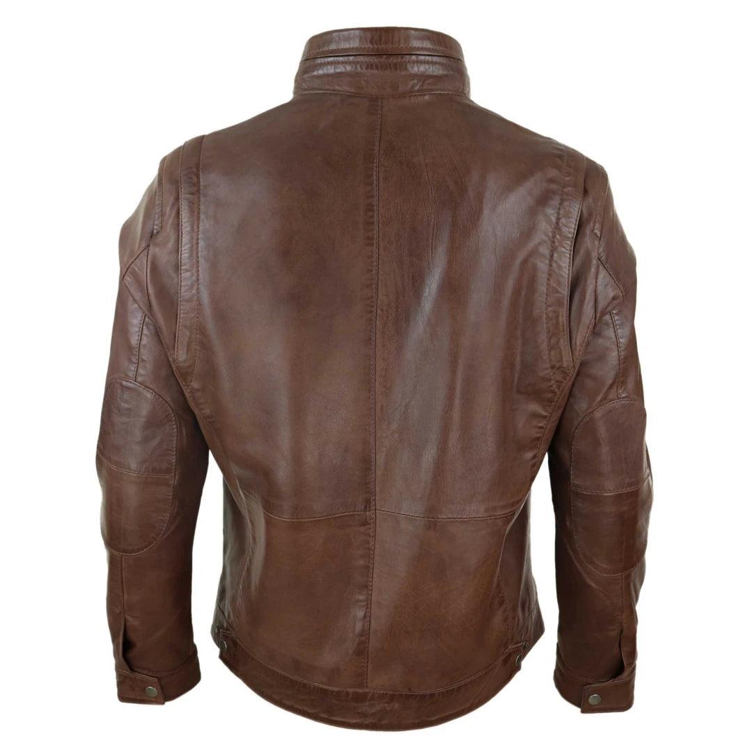 Mens Real Leather Jacket Zipped Biker Style High Collar Smart Casual - Knighthood Store
