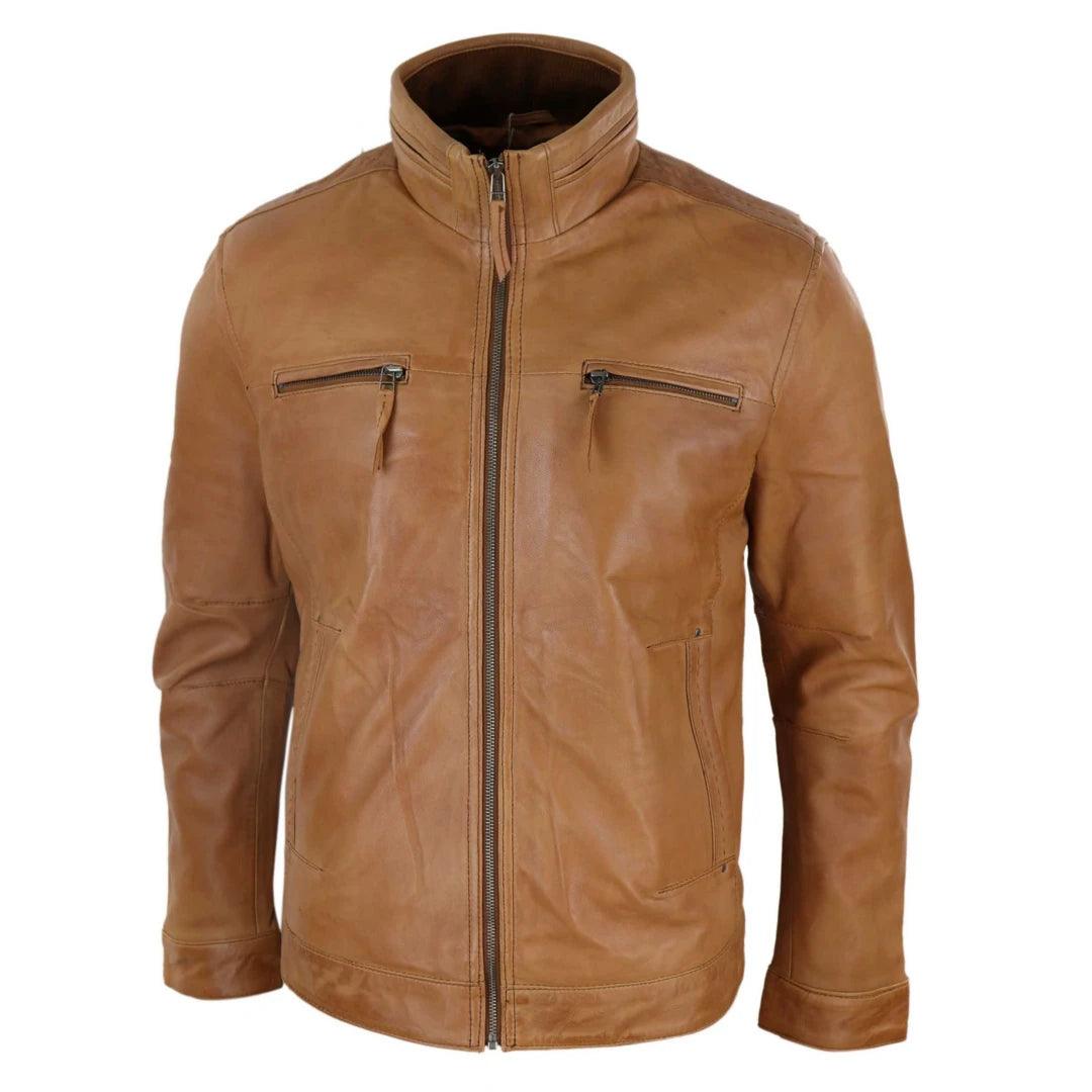 Mens Real Leather Jacket Zipped Biker Style High Collar Smart Casual