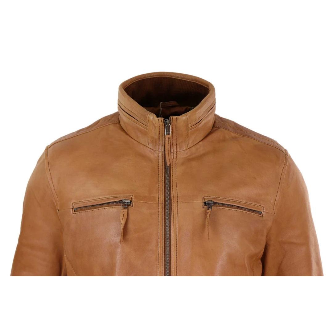 Mens Real Leather Jacket Zipped Biker Style High Collar Smart Casual - Knighthood Store