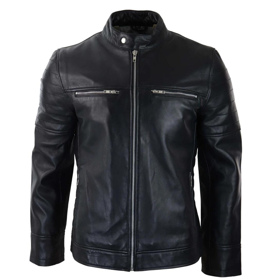 Mens Black Real Leather Jacket Short Zipped Biker Style Classic Vintage Retro - Knighthood Store