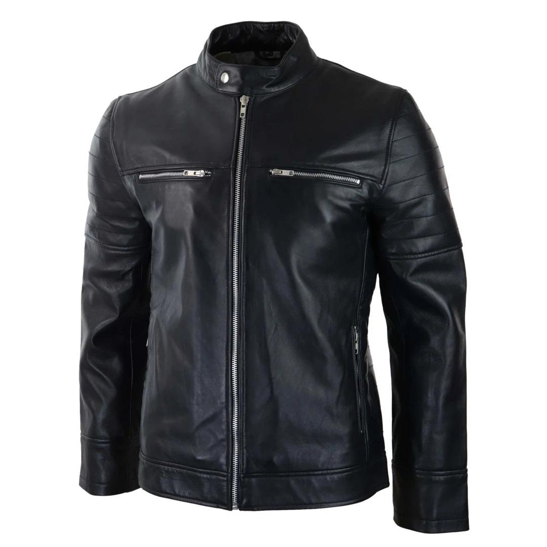 Mens Black Real Leather Jacket Short Zipped Biker Style Classic Vintage Retro - Knighthood Store