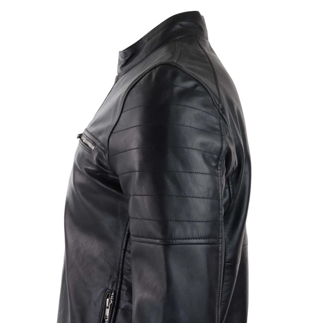 Mens Black Real Leather Jacket Short Zipped Biker Style Classic Vintage Retro - Knighthood Store
