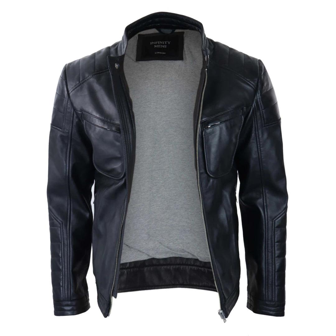 Mens Black Real Leather Jacket Short Zipped Biker Style Classic Vintage Retro - Knighthood Store
