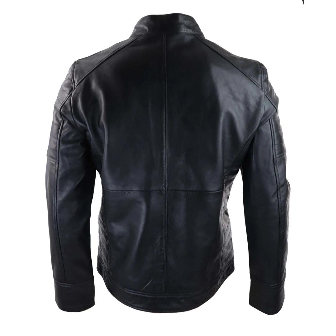 Mens Black Real Leather Jacket Short Zipped Biker Style Classic Vintage Retro - Knighthood Store