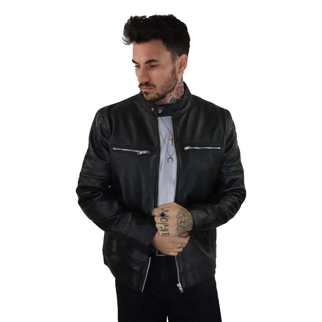 Mens Black Real Leather Jacket Short Zipped Biker Style Classic Vintage Retro - Knighthood Store