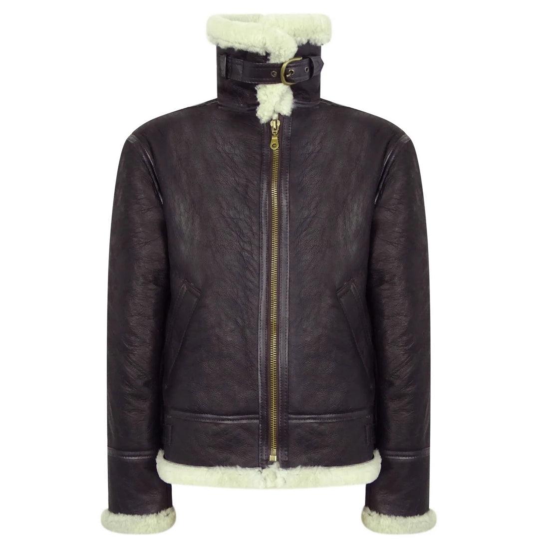 Mens Vintage Brown Real Sheepskin Zip Flying Jacket Pilot Flight Ginger Cream - Knighthood Store