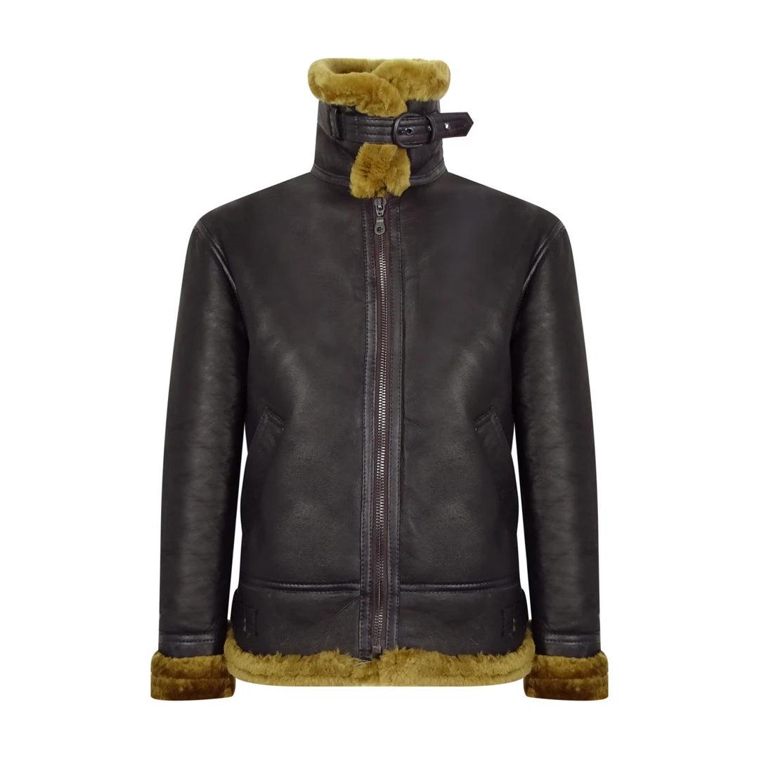 Mens Vintage Brown Real Sheepskin Zip Flying Jacket Pilot Flight Ginger Cream - Knighthood Store