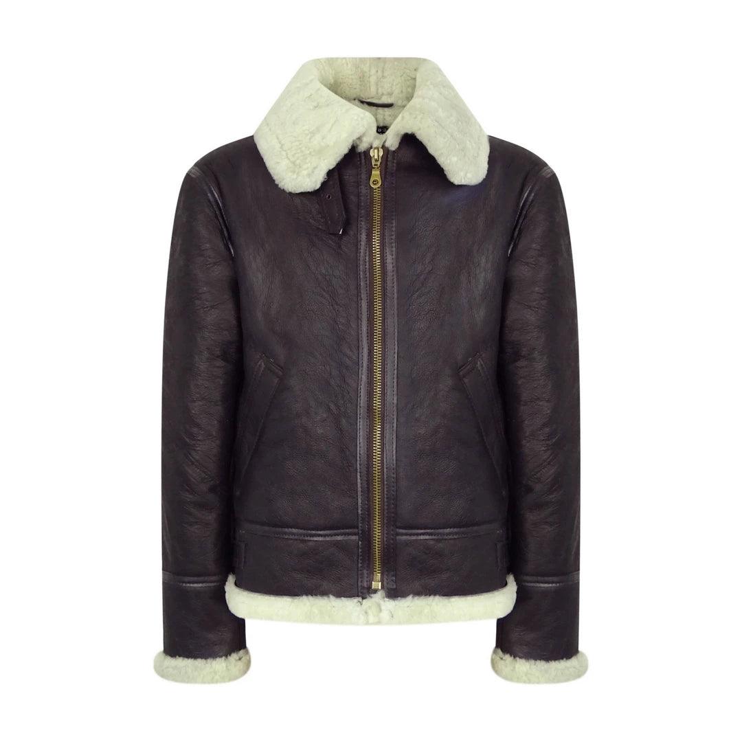 Mens Vintage Brown Real Sheepskin Zip Flying Jacket Pilot Flight Ginger Cream - Knighthood Store