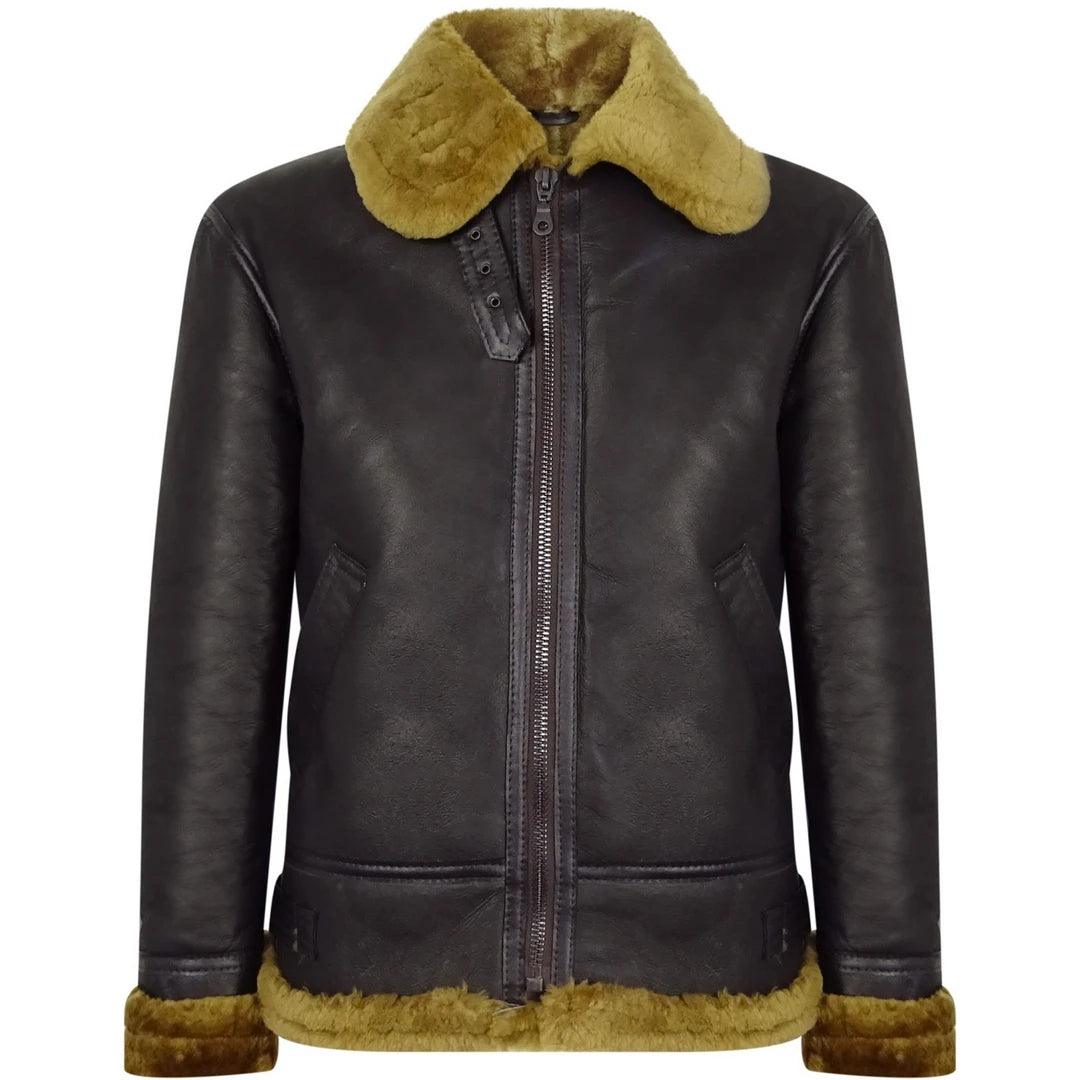 Mens Vintage Brown Real Sheepskin Zip Flying Jacket Pilot Flight Ginger Cream - Knighthood Store