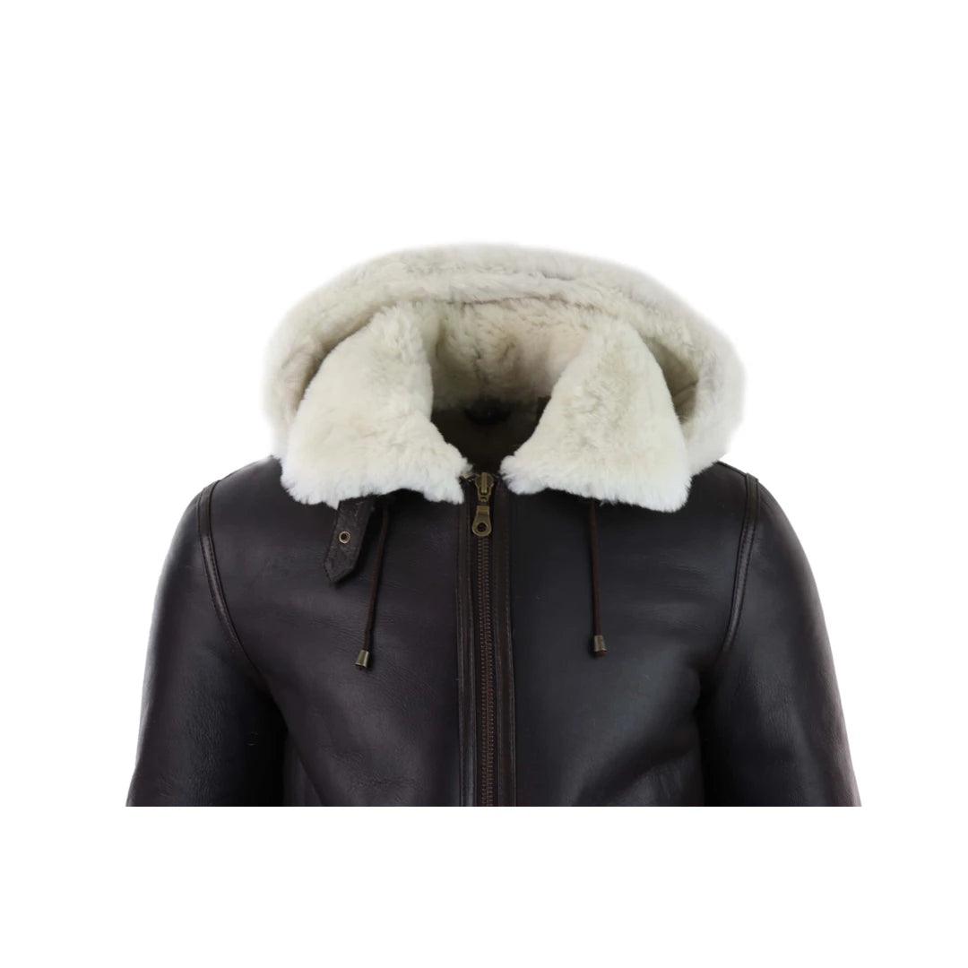 Mens Real Leather Sherling Sheepskin Hood Jacket Vintage Aviator Flying Pilot - Knighthood Store