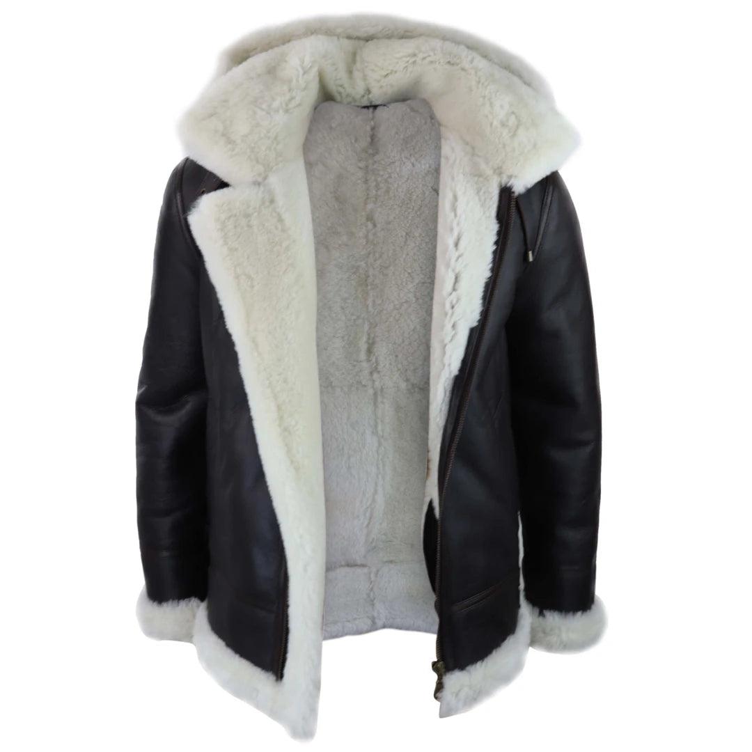 Mens Real Leather Sherling Sheepskin Hood Jacket Vintage Aviator Flying Pilot - Knighthood Store