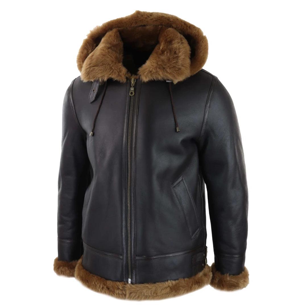 Mens Real Leather Sherling Sheepskin Hood Jacket Vintage Aviator Flying Pilot - Knighthood Store