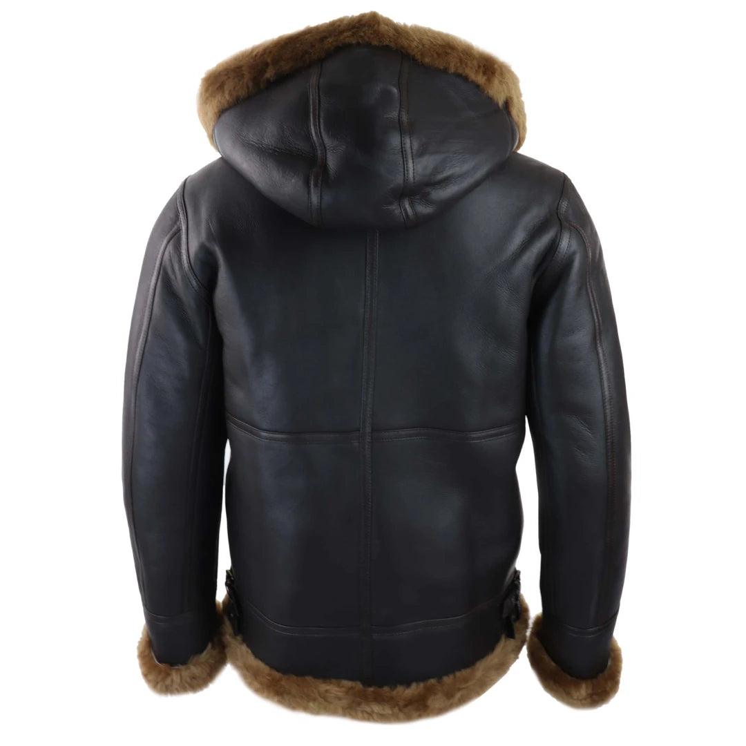Mens Real Leather Sherling Sheepskin Hood Jacket Vintage Aviator Flying Pilot - Knighthood Store