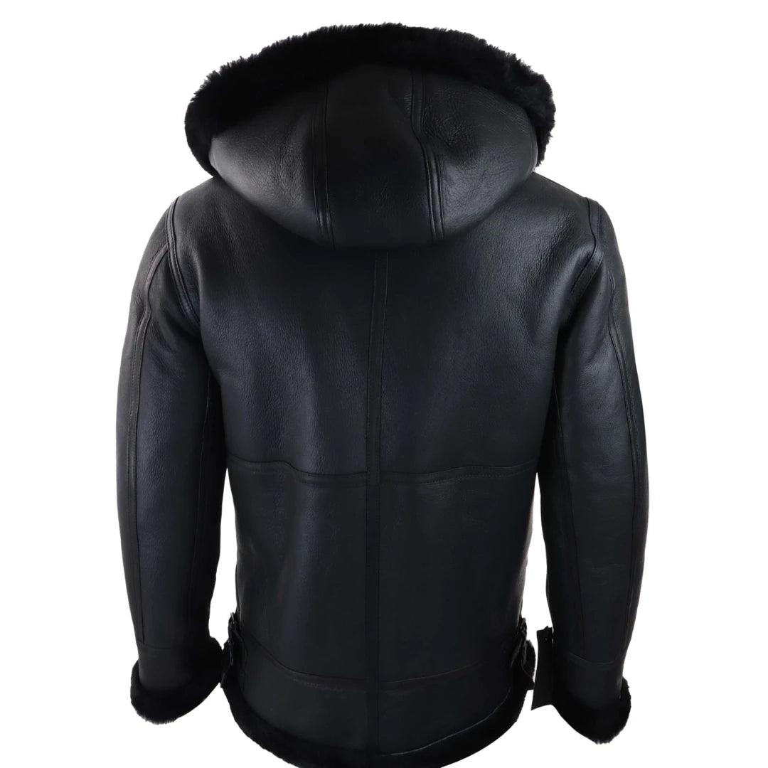 Mens Real Leather Sherling Sheepskin Hood Jacket Vintage Aviator Flying Pilot - Knighthood Store