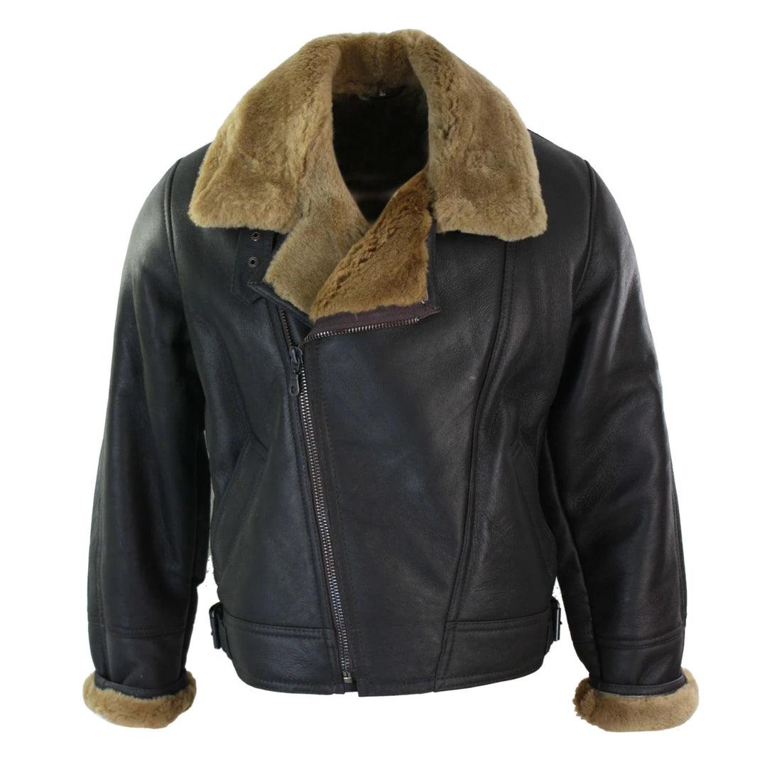 Mens Real Leather Sherling Cross Zip Sheepskin B3 Flying Pilot Jacket Warm Winter - Knighthood Store