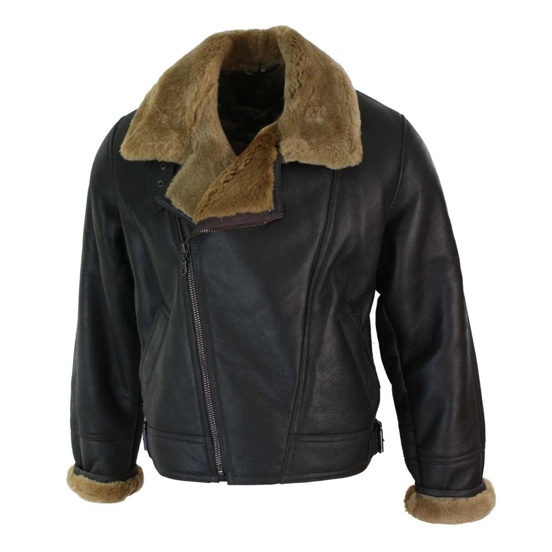 Mens Real Leather Sherling Cross Zip Sheepskin B3 Flying Pilot Jacket Warm Winter - Knighthood Store