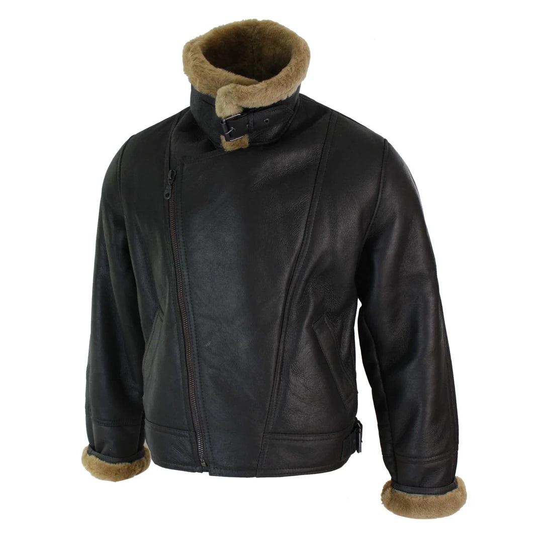 Mens Real Leather Sherling Cross Zip Sheepskin B3 Flying Pilot Jacket Warm Winter - Knighthood Store