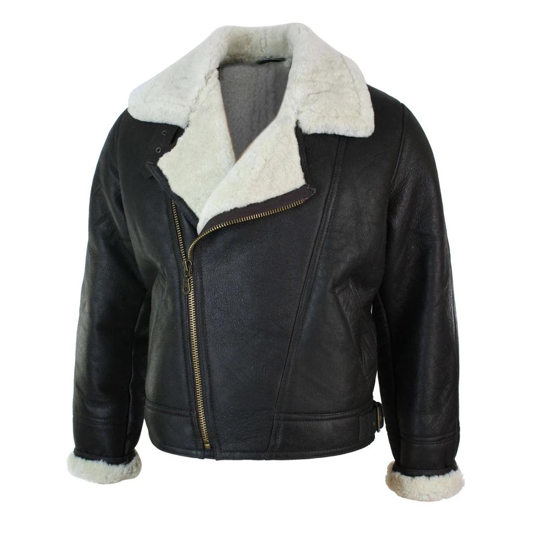 Mens Real Leather Sherling Cross Zip Sheepskin B3 Flying Pilot Jacket Warm Winter - Knighthood Store
