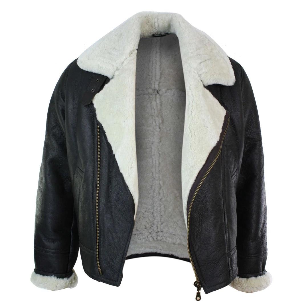 Mens Real Leather Sherling Cross Zip Sheepskin B3 Flying Pilot Jacket Warm Winter - Knighthood Store