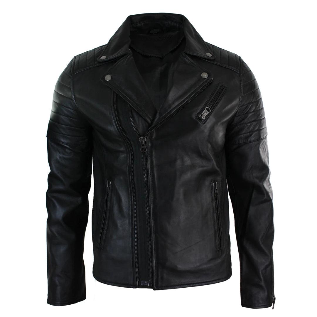Mens Slim Fit Cross Zip Retro Vintage Brando Real Leather Jacket Vintage Biker - Knighthood Store