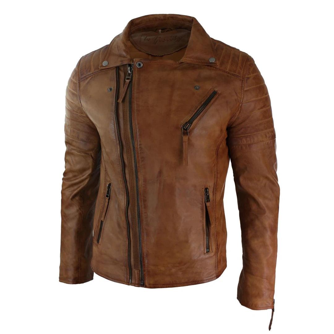 Mens Slim Fit Cross Zip Retro Vintage Brando Real Leather Jacket Vintage Biker - Knighthood Store