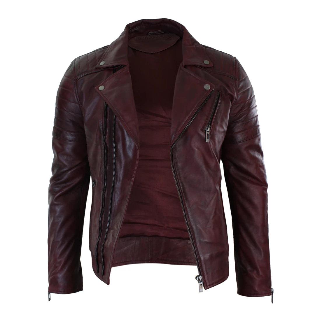 Mens Slim Fit Cross Zip Retro Vintage Brando Real Leather Jacket Vintage Biker - Knighthood Store