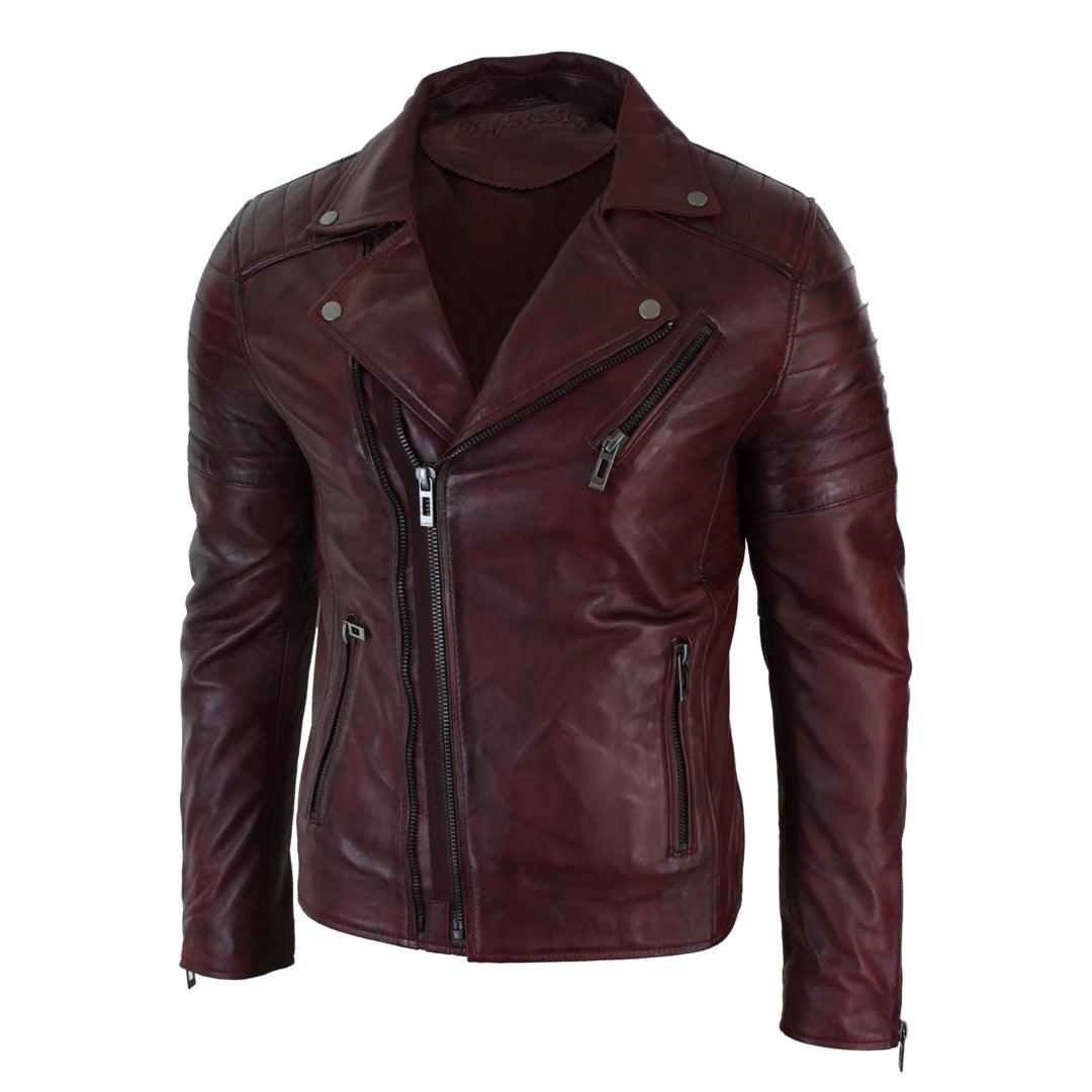 Mens Slim Fit Cross Zip Retro Vintage Brando Real Leather Jacket Vintage Biker - Knighthood Store